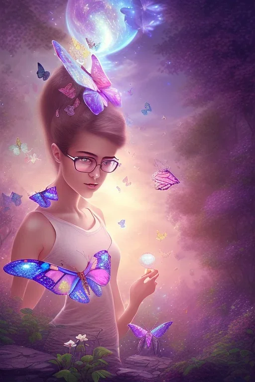 Dibujo escena de mundo mágico de fondo ((([una enorme mariposa]))) de los abismos, aparece (((((una adolescente con gafas))))).