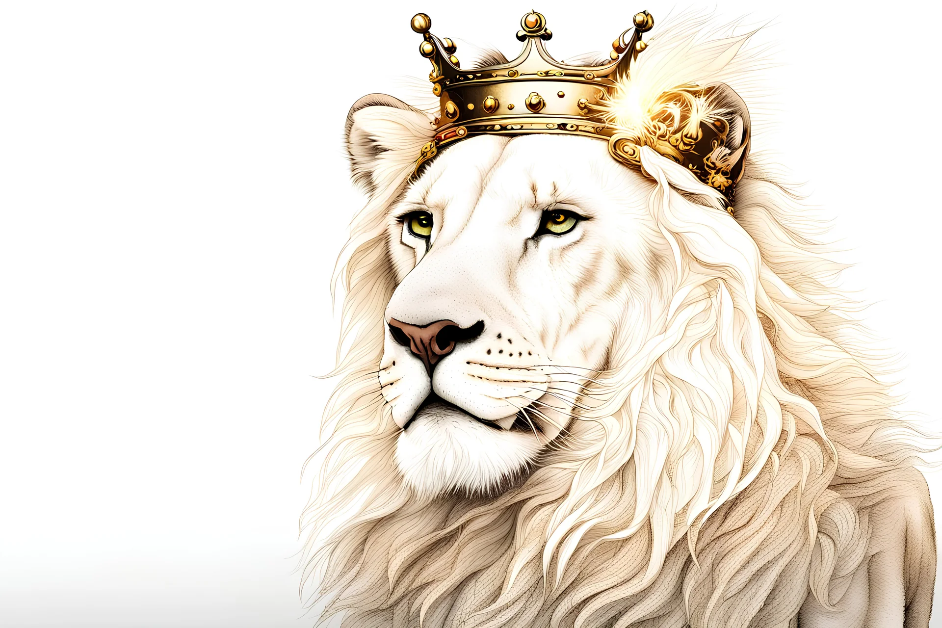 White lion with kings crown on his head . Side view