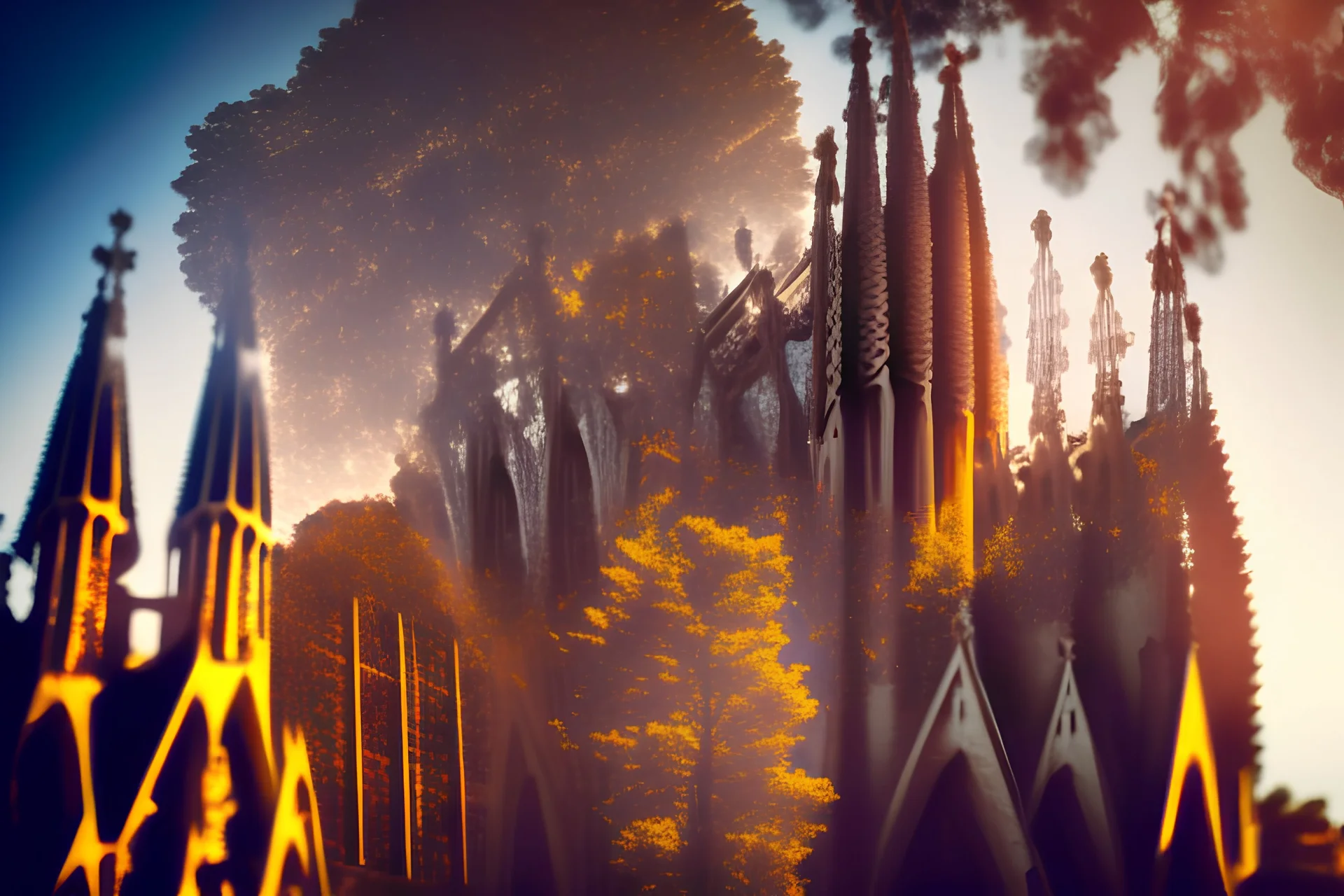 double exposure, sagrada familia barcelona in sunshine, backlit, ethereal, cinematic postprocessing, bokeh, dof