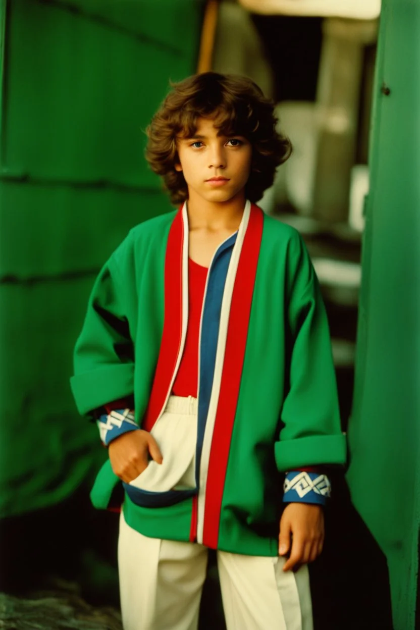 eleven year old mediterranean boy dressed track pants, early 80's color photo