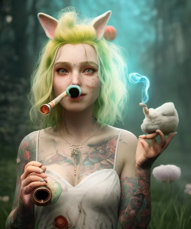 Ultra realistic wonderland photo, happy blonde woman smoking a pipe, blue dress, white rabbit pet, circus dress style, old school tattoo, smoke, marijuana garden, glow eyes, perfect iris, soft color, highly detailed, unreal engine 5, ray tracing, RTX, lumen lighting, ultra detail, volumetric lighting, high definition.