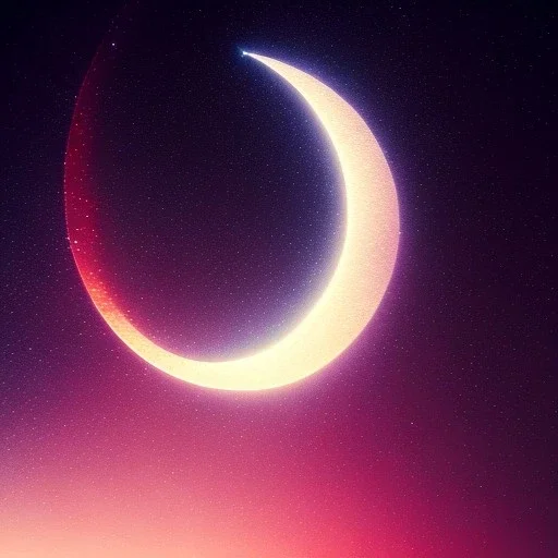 a large crescent moon with sparkles, dark, hazy, macro photography, tilt shift blur, high definition, 8k, beautiful, night sky, wind, stars, detailed warped