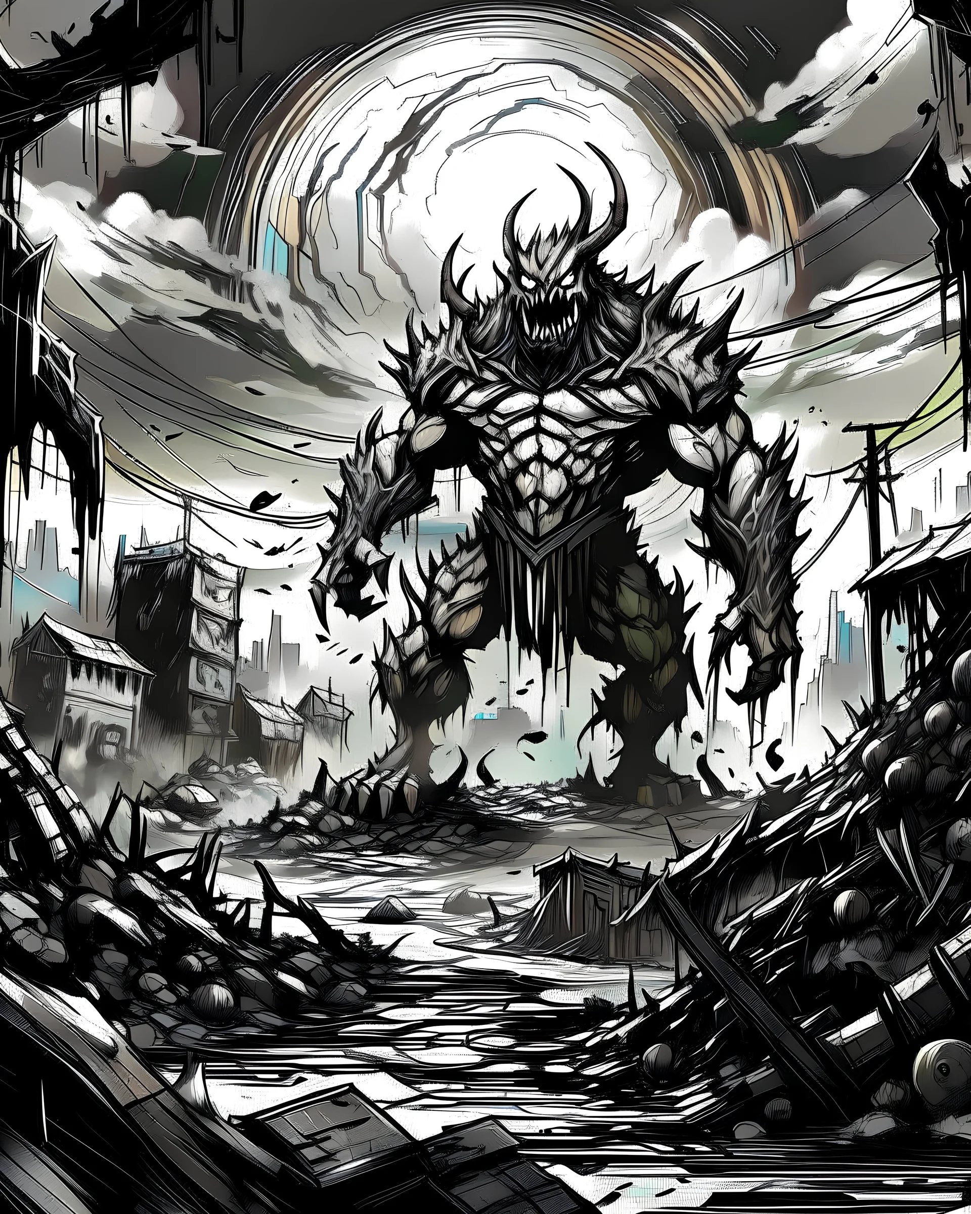 A doomsday day with no arms like impact frames like anime Black and white