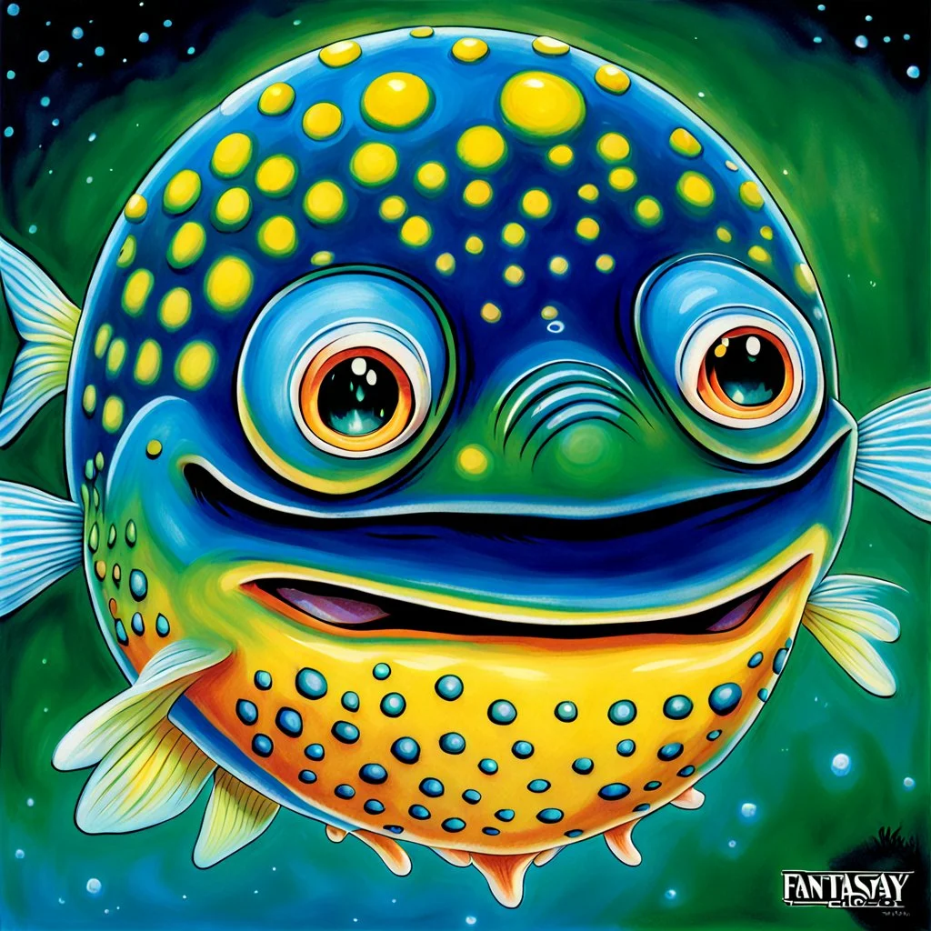 fantasy 90's tcg art of shiny pufferfish