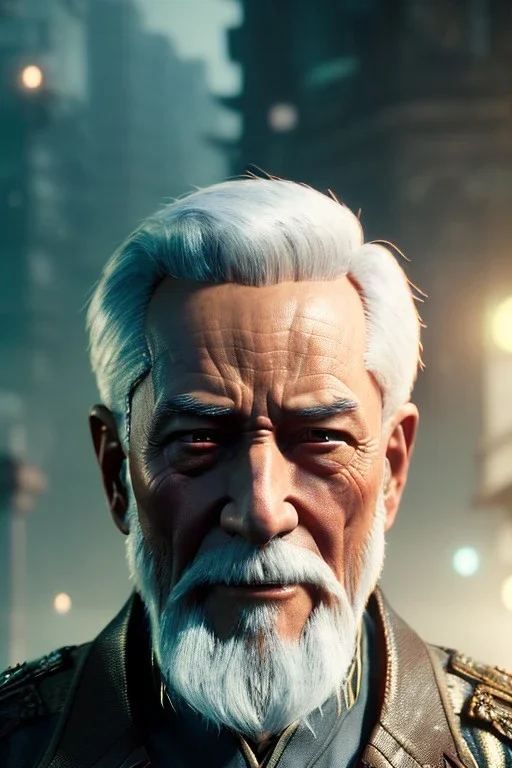 Old man Cyborg anime warrior, grey hair, trimmed grey goatee, brown eyes, waist up portrait, 4k resolution, intricate details, ornate details, soft lighting, vibrant colors, retroanime, futuristic cityscape background