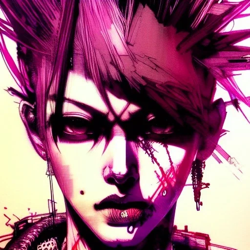 beautiful punk girl, hyper detailed, hyperdetailed, intricately detailed, illustration by <Yoji Shinkawa>, purple tones, darkred tones,