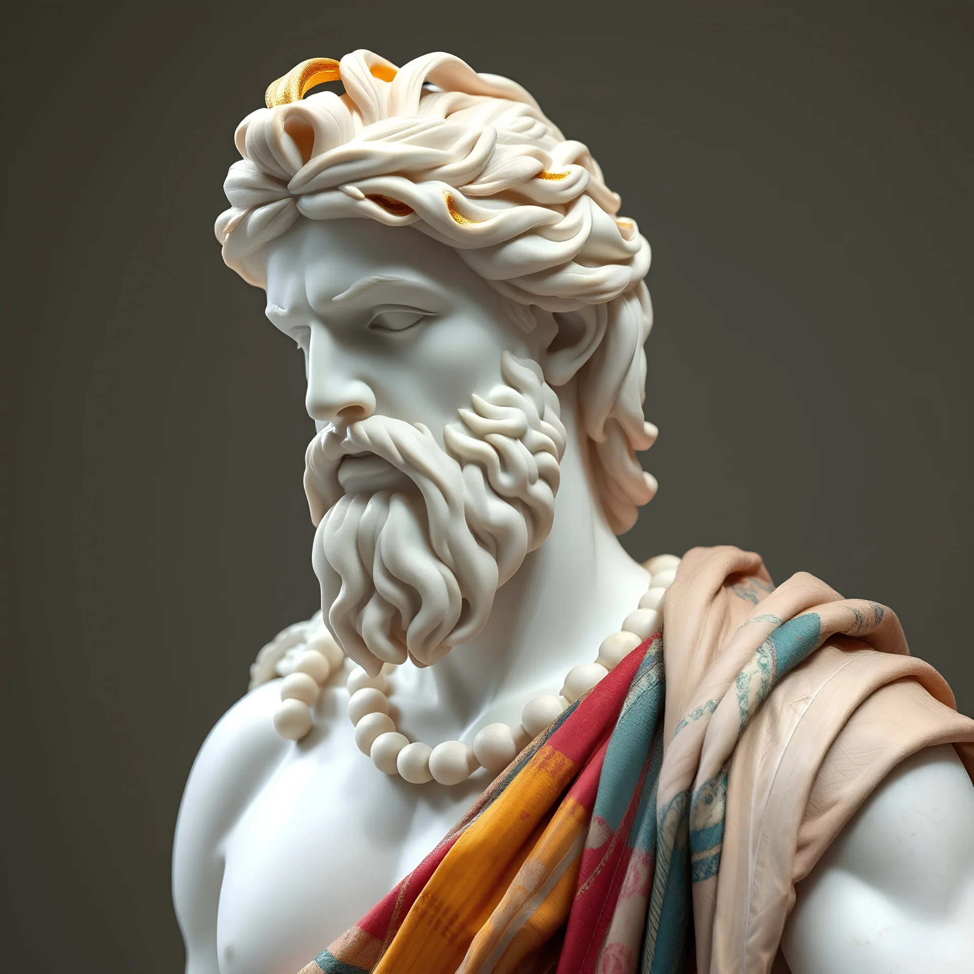 In the style of heracles ancient Greek marble sculpture created during the Hellenistic period, envision smooth pure-white (Marble sculpture with colorful clothes, with gold hair, with 8K resolution and unparalleled quality, with precise details and cinematic mode)