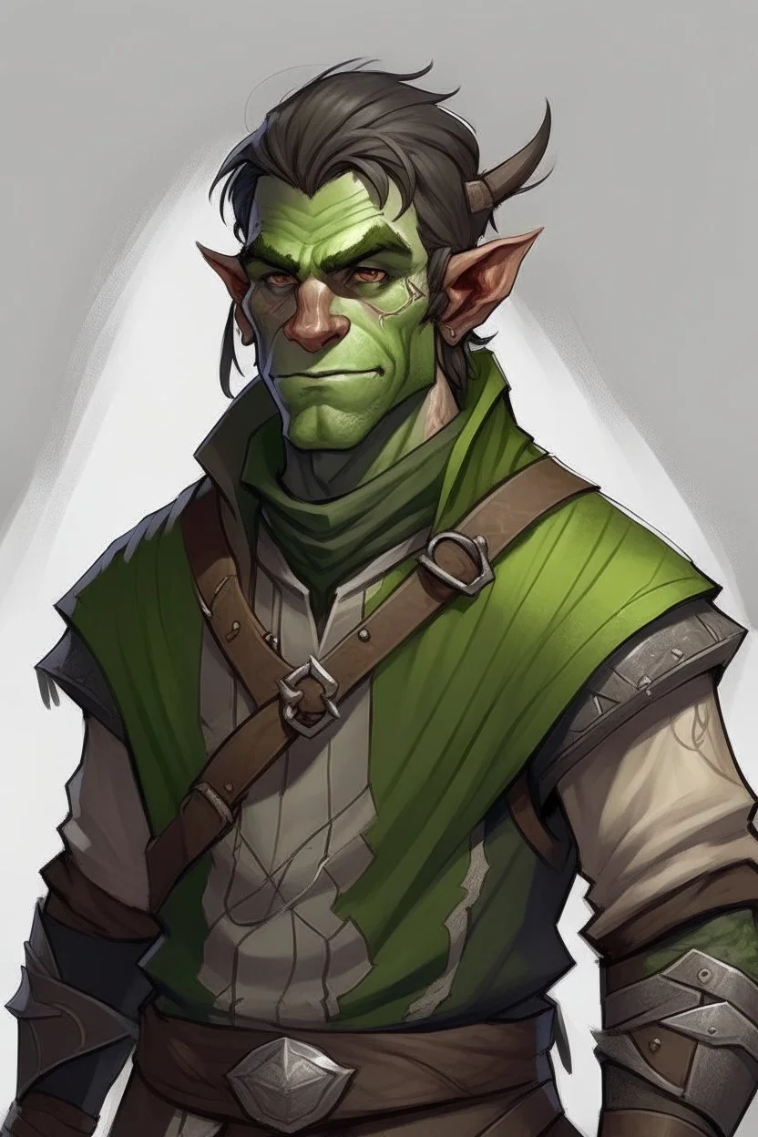 half orc twenty one year old male wearing gray and green rogue clothing, mischievous and jolly