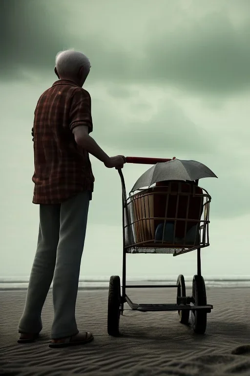 young boy standing and old man sleeping on beach, dark storm clouds overhead, gloomy, bleak, shopping trolley