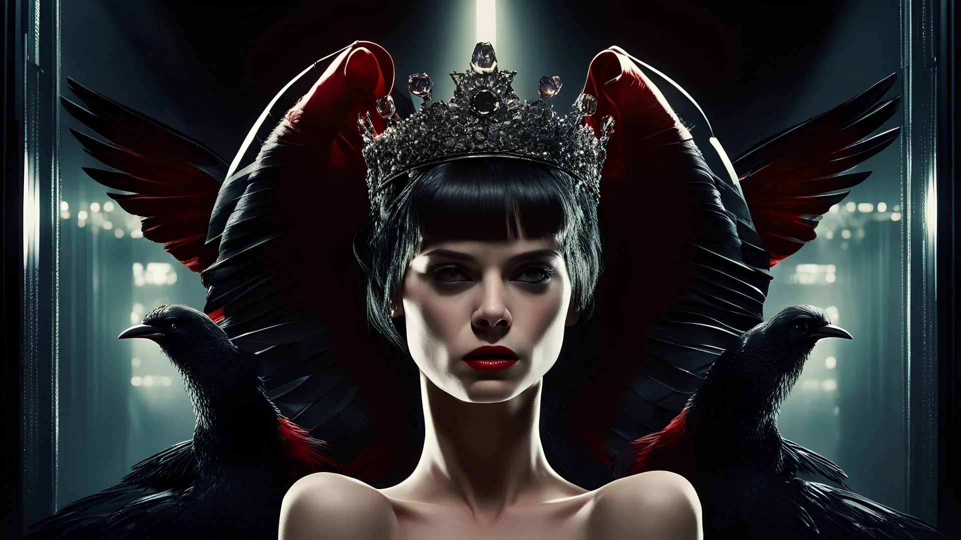 high resolution, best quality, cinematic shot, , full body shot wide angle, blade runner, blonde woman in red , with a black crow on her shoulder, the woman has got a crystal white crown on her head. stars are reflecting in the glass crown