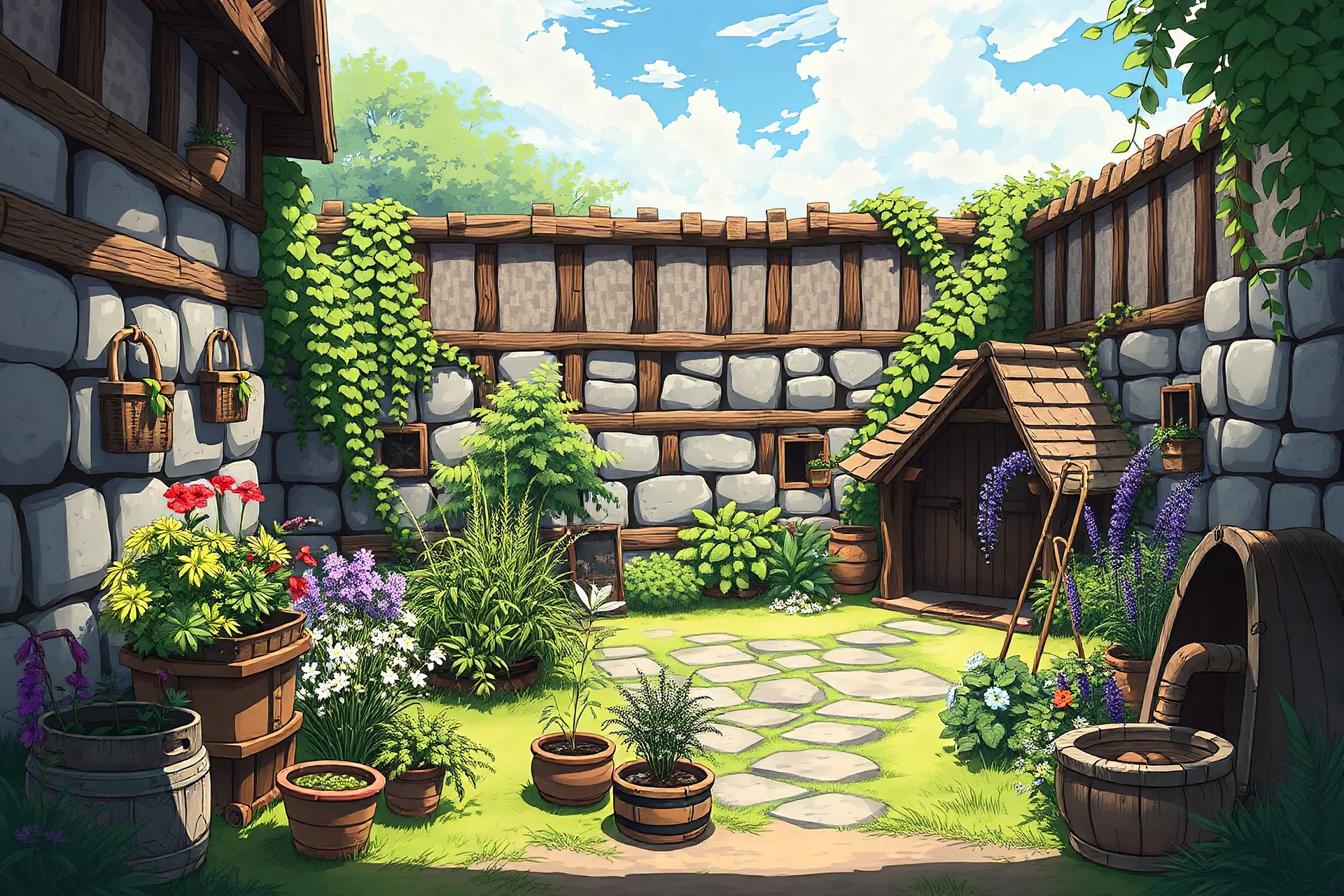 in anime style, medieval, herb garden