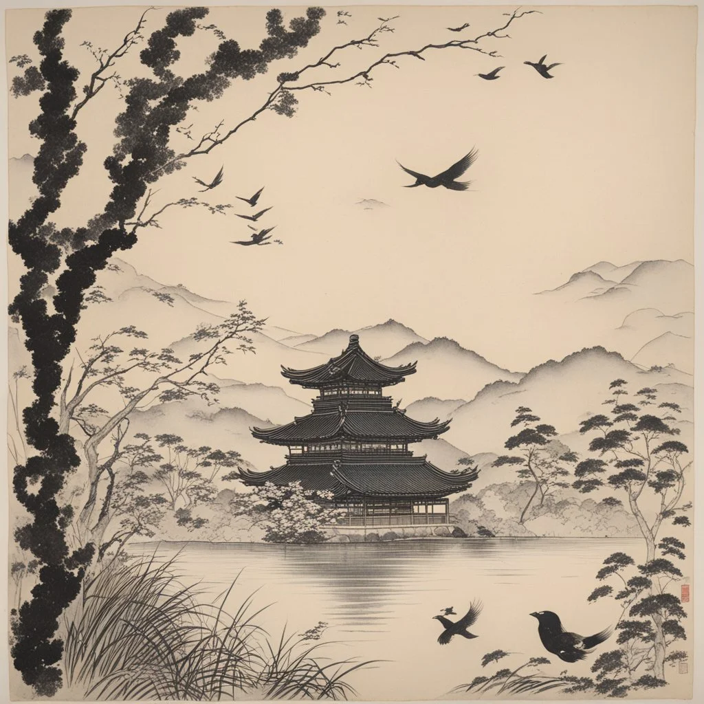 An ink drawing on paper of Hotei watching fighting birds, by Musashi.