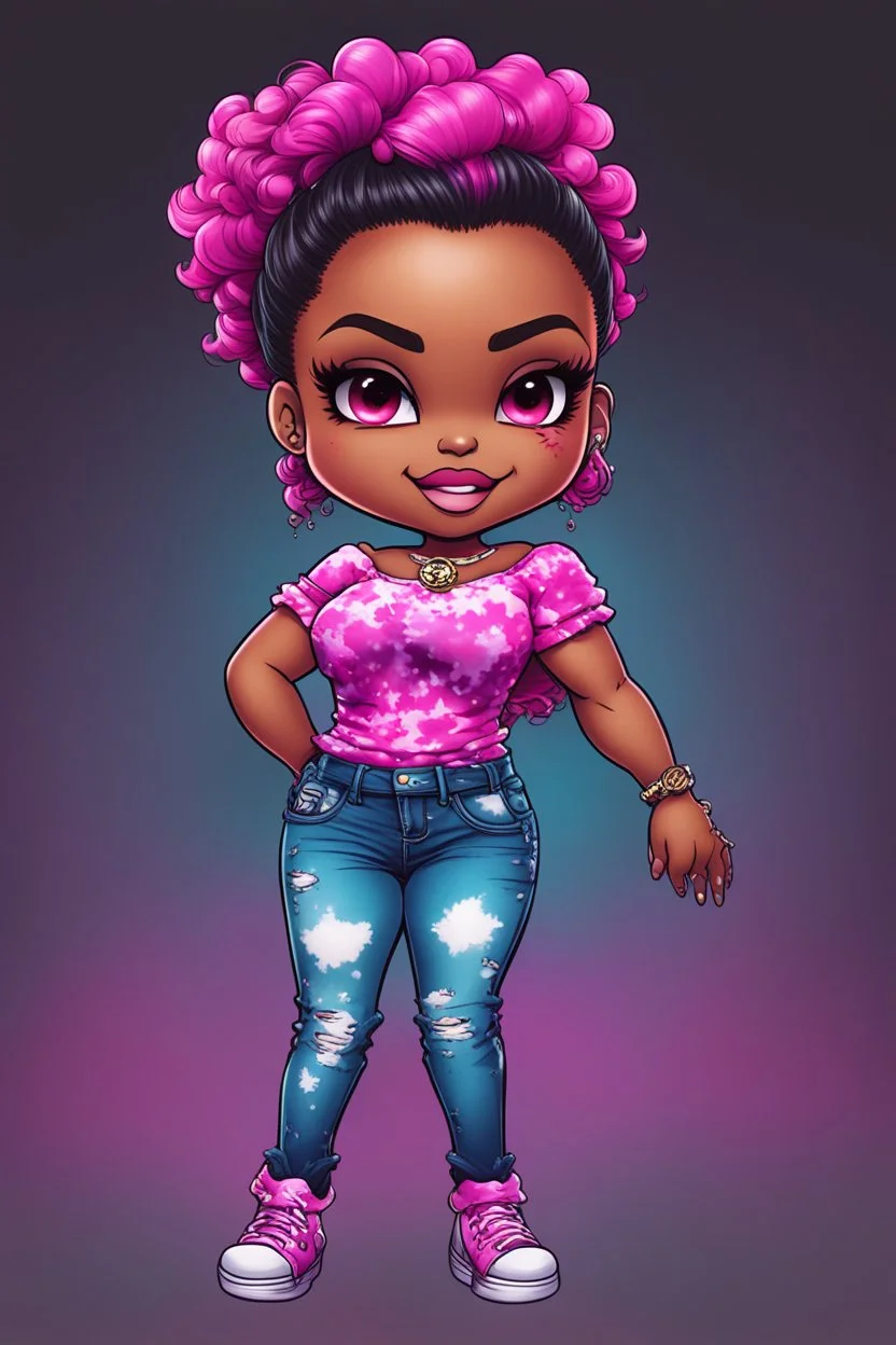 vibrant psychedelic comic book image, airbrush, 48k, cartoon art of a chibi curvy black female wearing torn jeans pants and a pink tie dye off the shoulder blouse. Prominent make up with lush lashes. Highly detailed sleek wavy ponytail