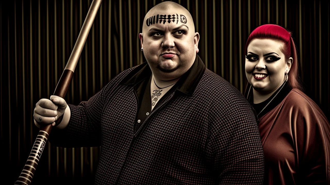 realistic, personality: [Capture a close-up shot of 2midelaged english chubby extreme tatoed women punkers, with baseball bats chang a creepy man in a brown parkacoat