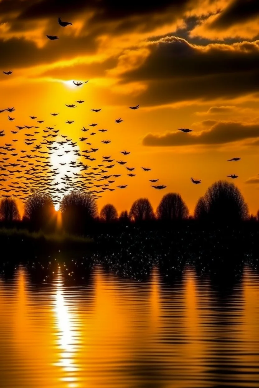 sunset with flying birds