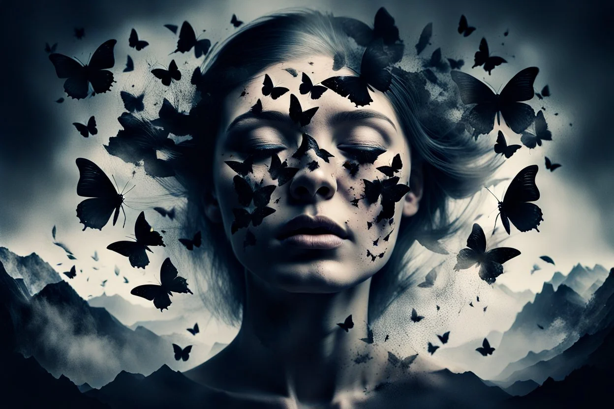 Double exposure image, facing the camera close up a closed eyes fade face woman portrait with shattered, cracked head out many black butterflies explosed in front of forehead and flying around and swirl, high mountains silouttes, pale moon, deep fade colors, soft lines, surreal mood, nightmare, melting painted, dramatic shadows, dark mood , fog, dark fantasy, dreamlike atmosphere, crepy stunning.