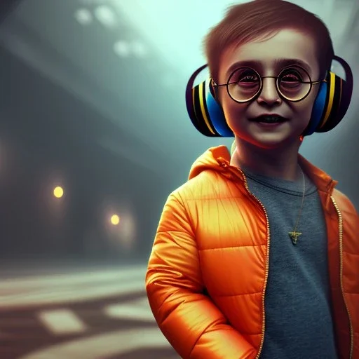 Harry Potter toddler, smile, cyberpunk headphone, sunglass, gangsta neckless, full body, orange puffer jacket, tokio background, dramatic lighting, hyper realistic, unreal engine 5, 16k