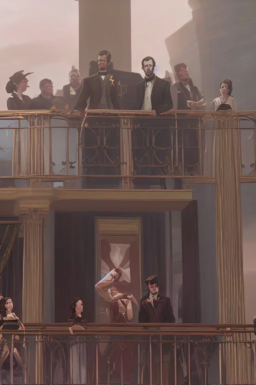 llustrate the presidential box on the balcony level, portraying Abraham Lincoln, his wife, and their guests as they enjoy the play. Highlight the vulnerability of Lincoln without proper security, setting the stage for the impending tragedy