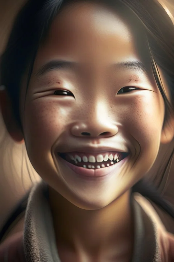 portrait of an asian girl 11 years old, smiling, cinematic photography, epic angle, hyper-realistic