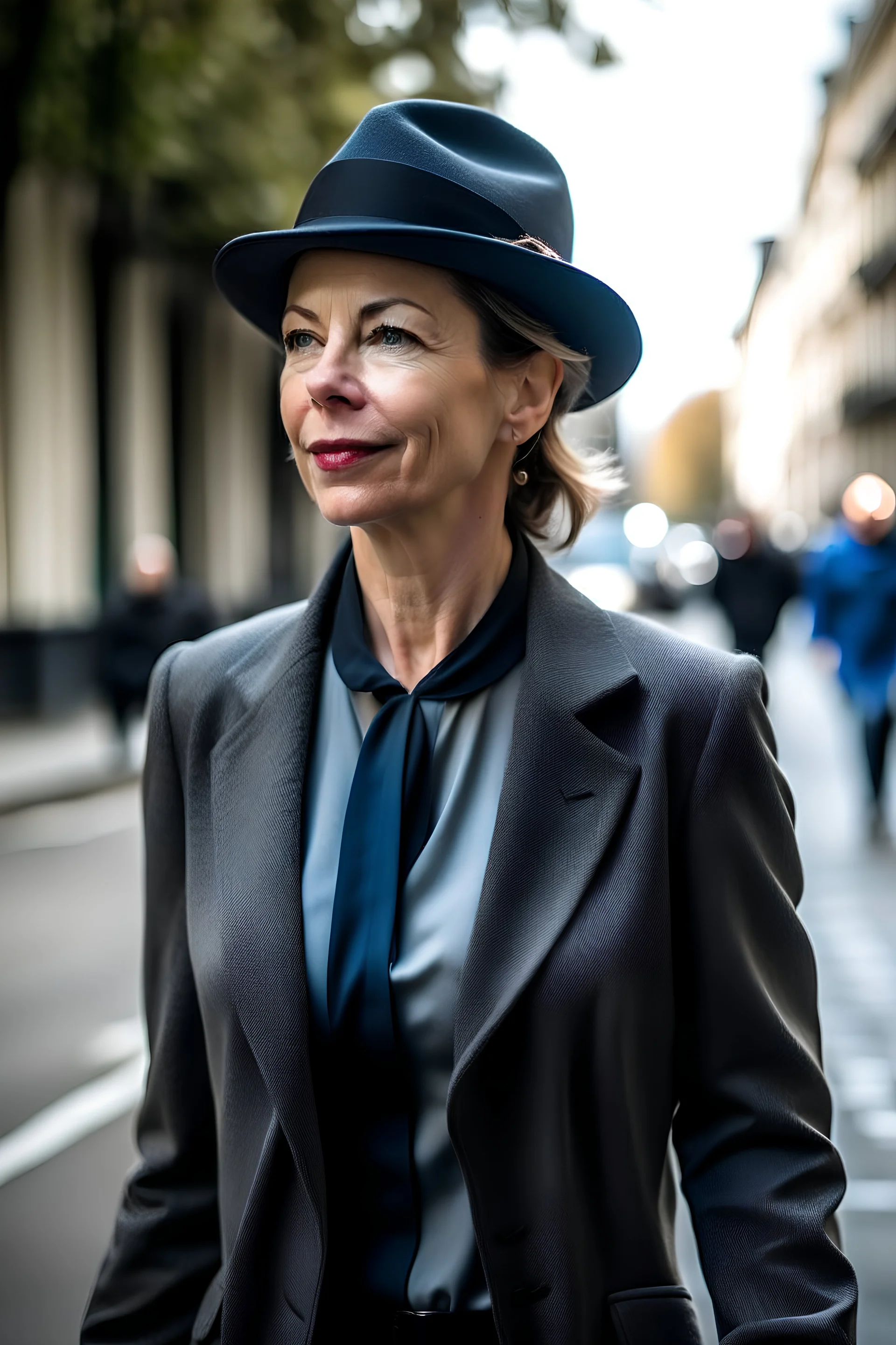 mujer de 40 años muy elegante caminando por la ciudad