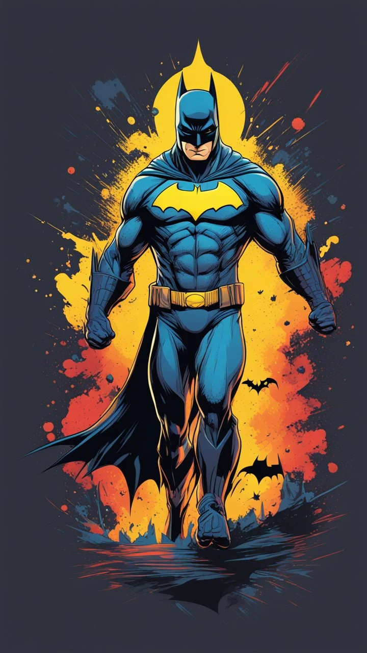 illustration for t-shirt design of Batman, vector illustration, optimize for bold lines, vibrant colors suitable for printing, centered, isolated, illustration, vibrant. Full body