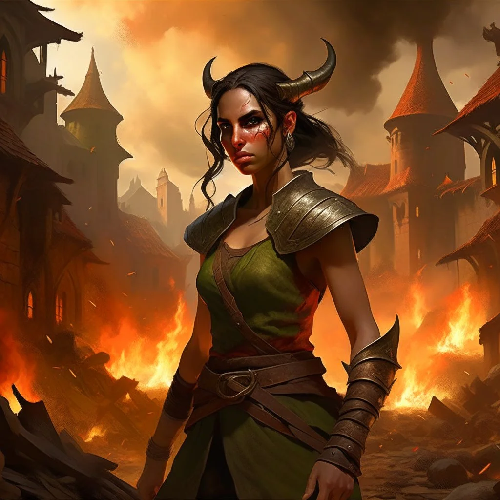 a beautiful dark haired tiefling woman in a sleeveless battle outfit, amidst town ruins with fires burning, photo quality