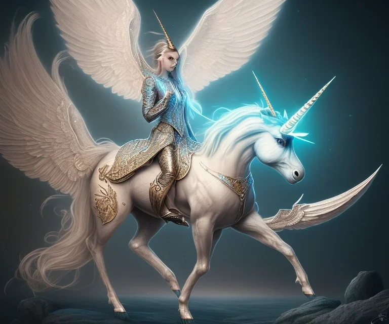 unicorn with glowing wings, shadow, surreal fantasy art, highly detailed, intricate patterns on wings, soft studio lighting, smooth dark blue background 64k