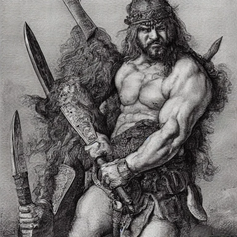 Portrait of a barbarian warrior with big axe in the style of Albrecht Dürer