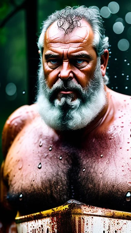 full figure photography of a serious wet dirty muscular ugly chubby sweaty 60 years old strong sardinian shepherd sitting under the rain , bulge, manly chest, beard, curly hairs, photorealistic, 4k, misery, poverty, emotive eyes, daylight