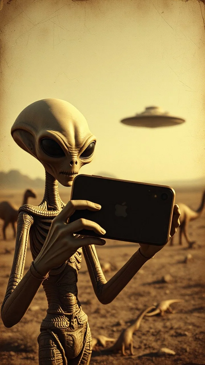 An old picture style of brown and white and very bad quality old camera with cracks of an Alien holding an IPhone the year 1900 in the background from a distance on a the ground ufo starship with dinosaurs