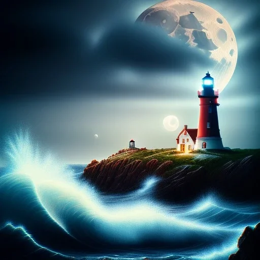 Fantasy, light house, lighting, surreal, waves crashing below, 8k, nightime with full moon, dark clouds, sketch