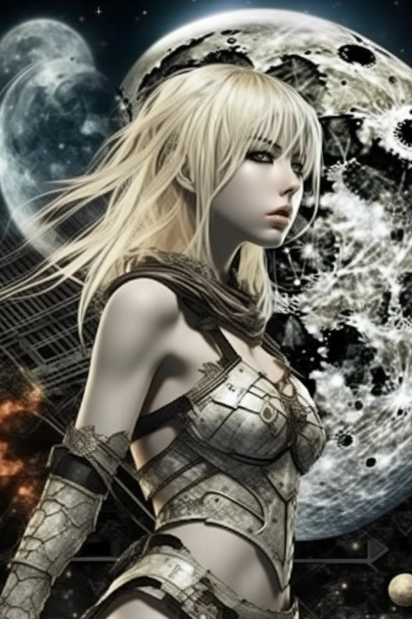 Explosive abstract collage style image of a beautiful anime warrior girl, beautiful blond hair and features, dramatic, pieces of cloth material, textured moon in background, bob wire, gothic surroundings, textures