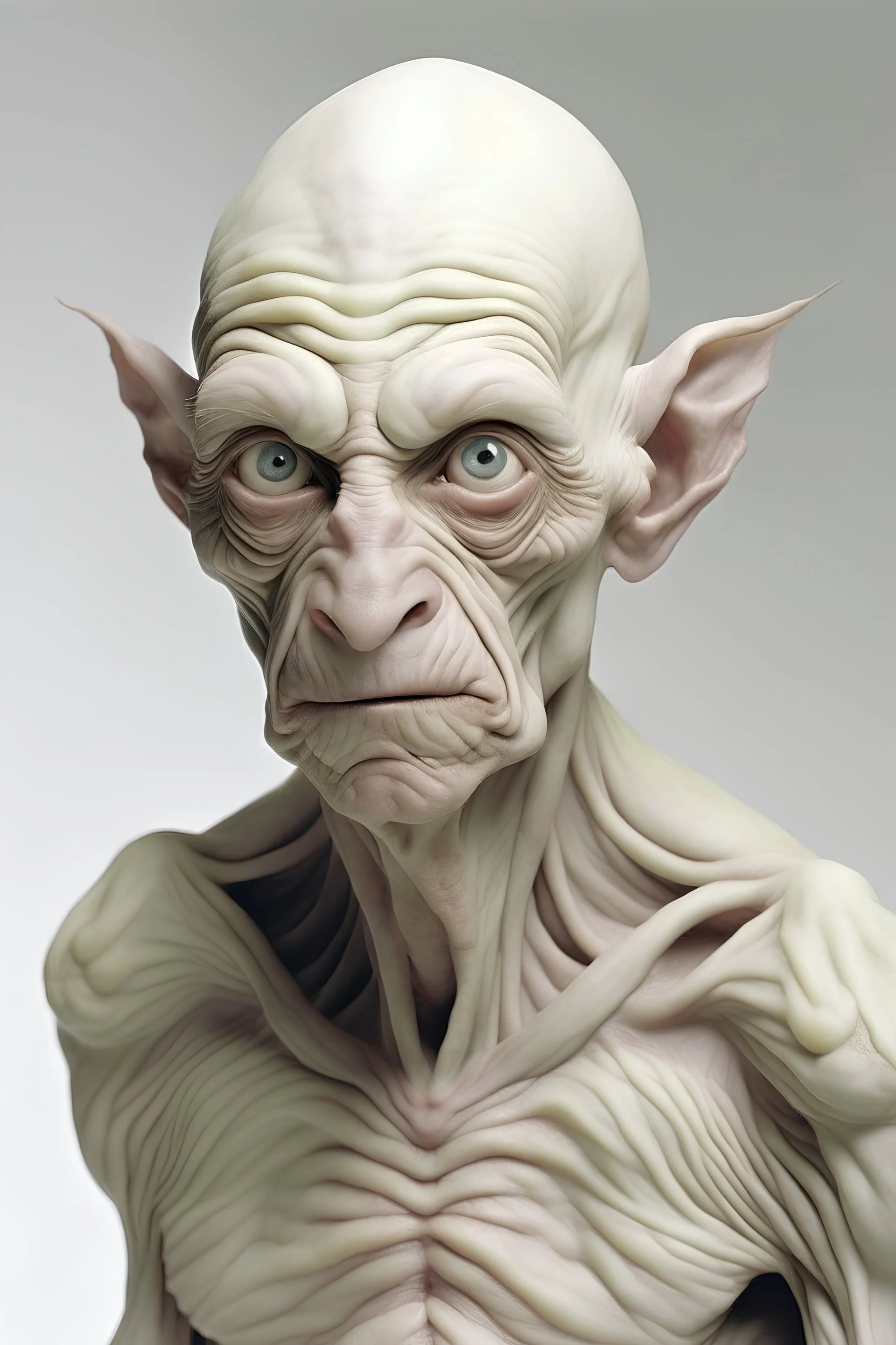 Moises , sin pelo en la cabeza con mirada vaga y color de piel blanca