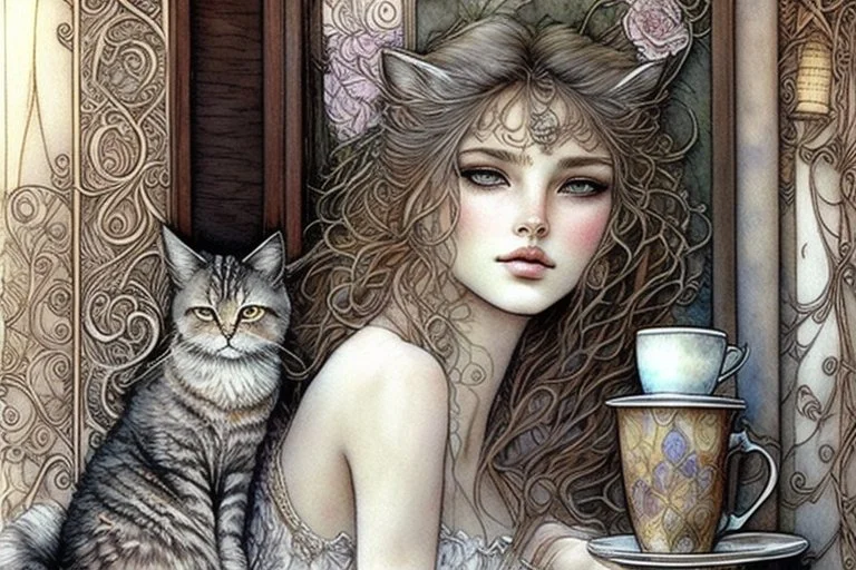 A pencil and charcoal line sketch, cute fluffy cat in coffeehouse in sunshine, intricate details and bold lines. beautiful Jean-Baptiste Monge Art Nouveau Steve Hanks Josephine Wall Thomas Wells Schaller Big water colour painting Ella du Cane Beautiful detailed eyes pastel patchwork line art Watercolor, pen and ink Maurice Miller and Faiza Maghni