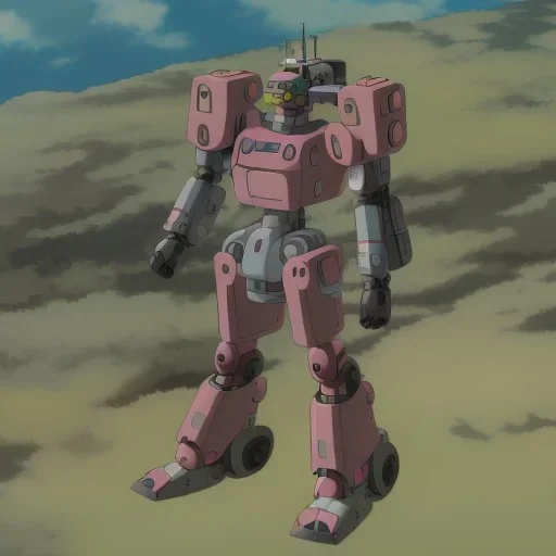 mecha with tracks for a tank. His body is armor and his hands are machine guns. The robot head has animal as a driver.