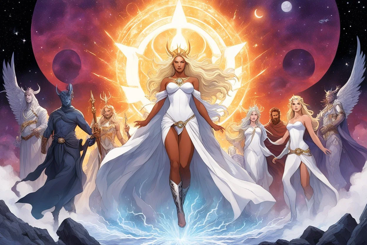 [art by steve prescott] A cosmic heroic fantasy tableau in the style of American Gods at a galactic scale: multiple deities standing in a fractured divine realm. In the center, Lov, a newborn blonde goddess of lust and raw power, radiant and dangerous, glowing with instinctive energy. Nearby, the White Witch, a pale blonde former goddess of healing and peace, serene yet subtly corrupted, her light dimmed by influence. In the background, hints of absence: abandoned divine forges for Rip,