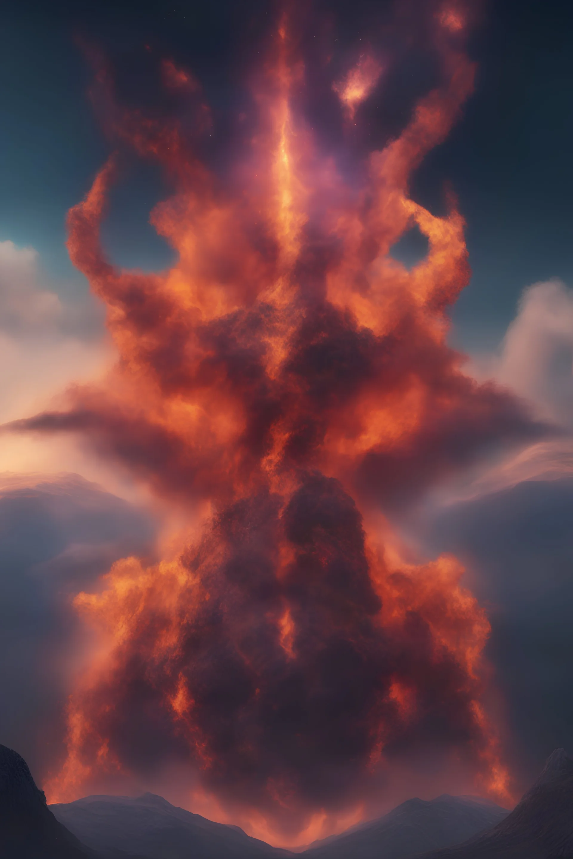 close-up, Head and shoulders portrait of something extremely colorful, multicolored lightning, outer space, planets, stars, galaxies, fire, explosions, smoke, volcanic lava, craggy mountain peaks in the background, 32k UHD, 1080p, 1200ppi, 2000dpi, digital photograph