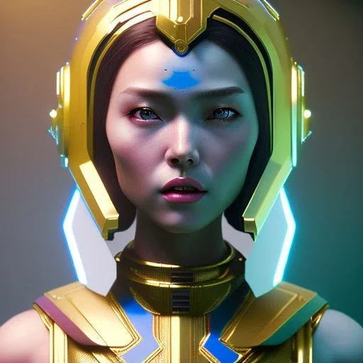 woman, asian, blue, round helmet, decorative color feathers, retro futuristic, latex coat, soft color, highly detailed, art stations, concept art, smooth, unreal engine 5, god rays, ray tracing, RTX, lumen lighting, ultra detail, volumetric lighting, 3d, finely drawn, high definition, high resolution.