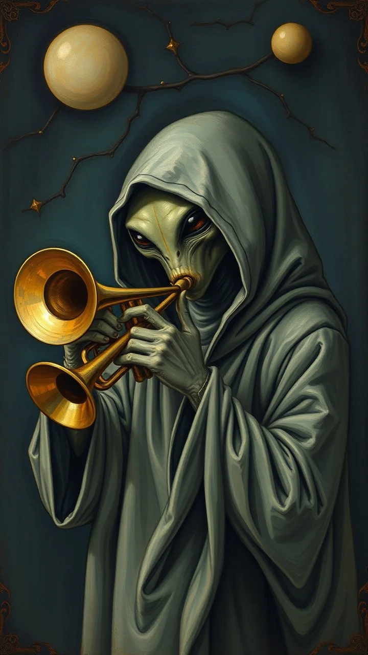 Hieronymus Bosch style , a hooded alien playing the trumpet