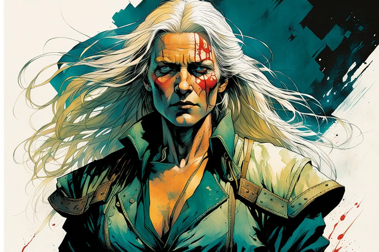 create an imaginative full body print illustration of an ethereal, otherworldly haggard, scarred, and grim, flaxen haired female grandmaster Witcher , in the comic book art style of Bill Sienkiewicz, Mike Mignola, and Jean Giraud Moebius, with highly detailed facial features , finely drawn, colored and inked,