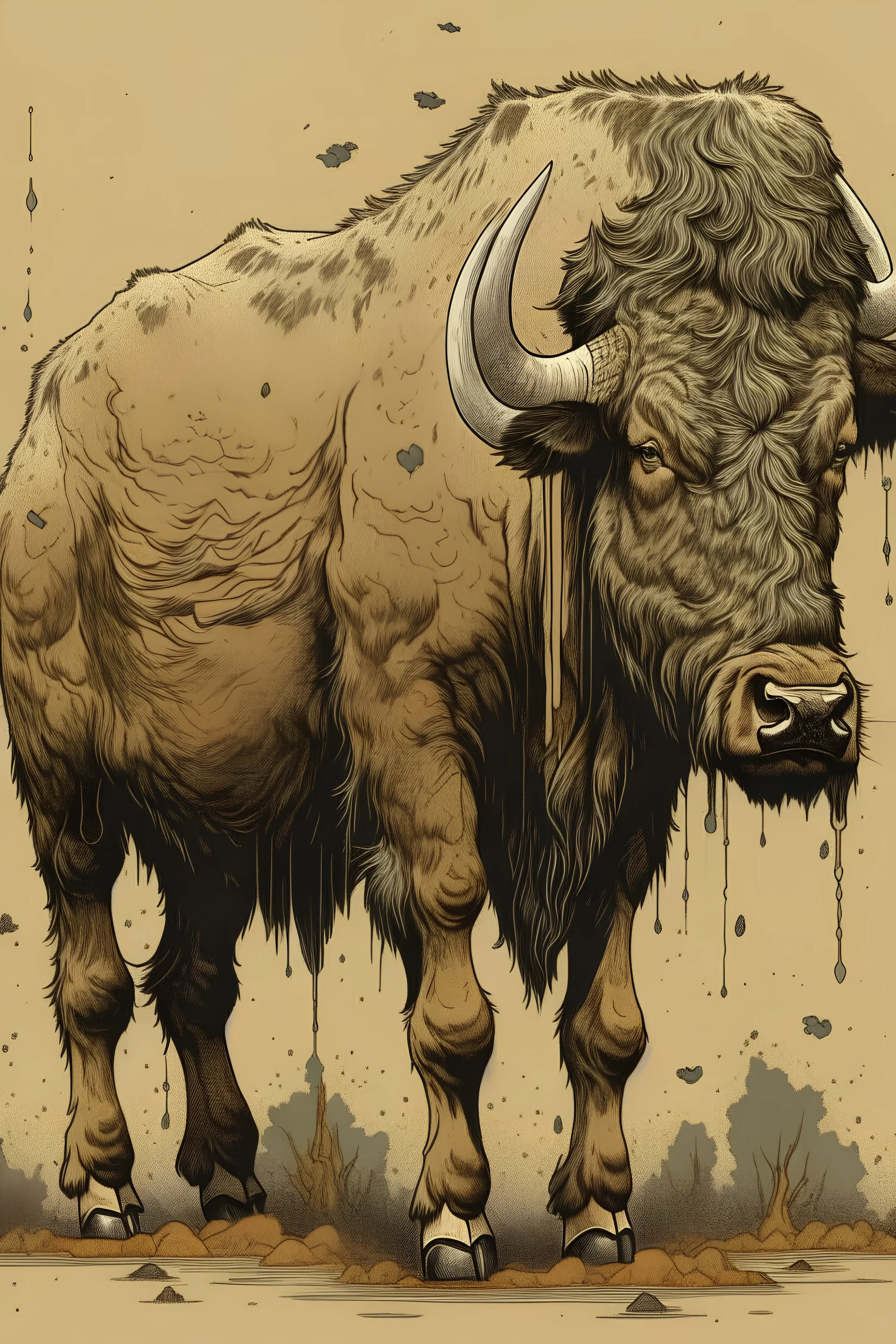 Buffalo illustration, tough, sportieve Buffalo, ijking style, details backgound, Buffalo standing in two legs