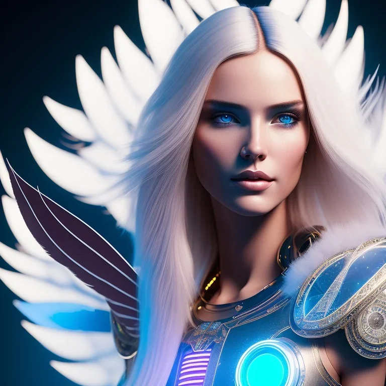 A beautiful portrait of a cute smiling cyberpunk woman with long blond hair, high key lighting, volumetric light high details with white stripes and feathers and blue luminous celtic paterns and wings, starry background