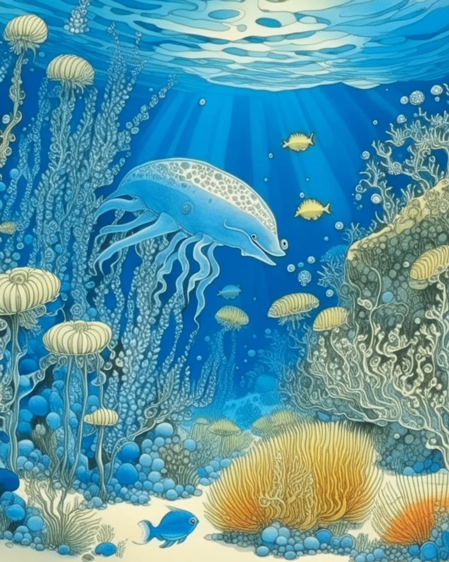 A blue underwater reef with fish and jellyfish painted by Katsushika Hokusai