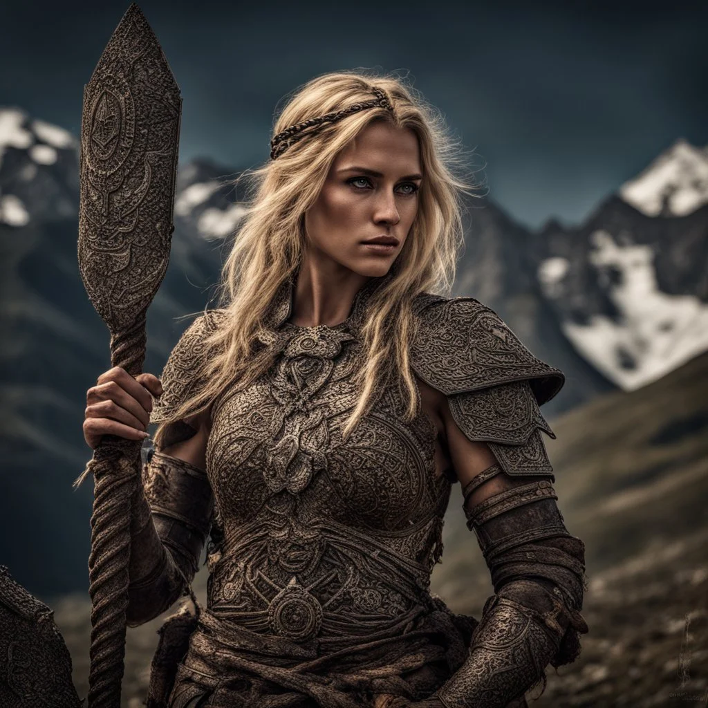 Behold the powerful alluring and pretty blonde barabarian warrior woman, her body adorned with with runes, in the middle of the alps. intricate details, HDR, beautifully shot, hyperrealistic, sharp focus, 64 megapixels, perfect composition, high contrast, cinematic, atmospheric, moody