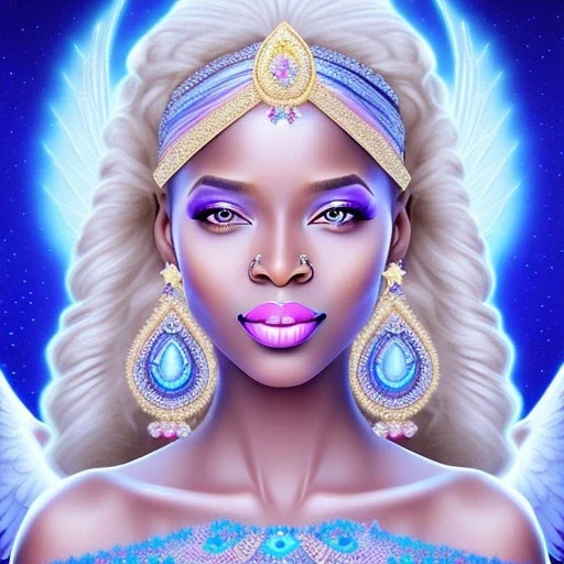 portrait of a beautiful somalian woman with an angel face smiling,long blond hair, blue eyes, pink and blue dress, jewels, soft light aura