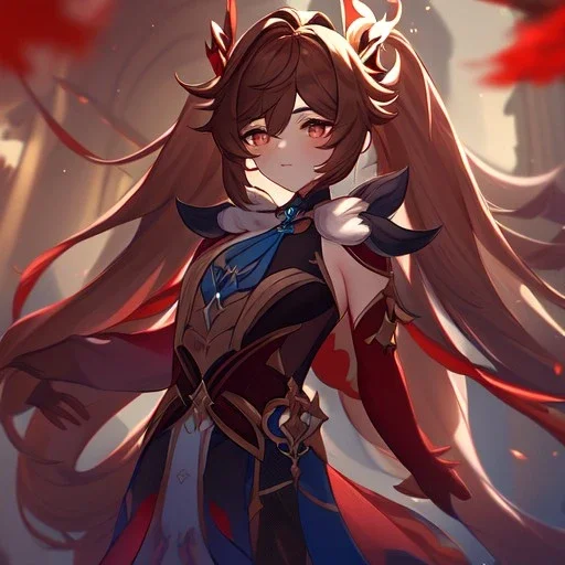 Clear Focus, High resolution, long 2 ponytails fluffy hair, wearing a simplified genshin outfit with a red and brown color scheme