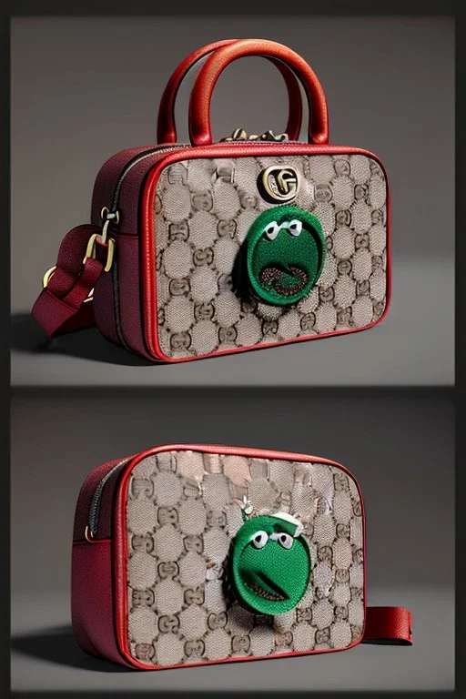 Gucci bag made by muppet face, Sesame Street style, retro style, photo studio, unreal engine 5, god lights, ray tracing, RTX, lumen lighting, ultra detail, volumetric lighting, 3d.