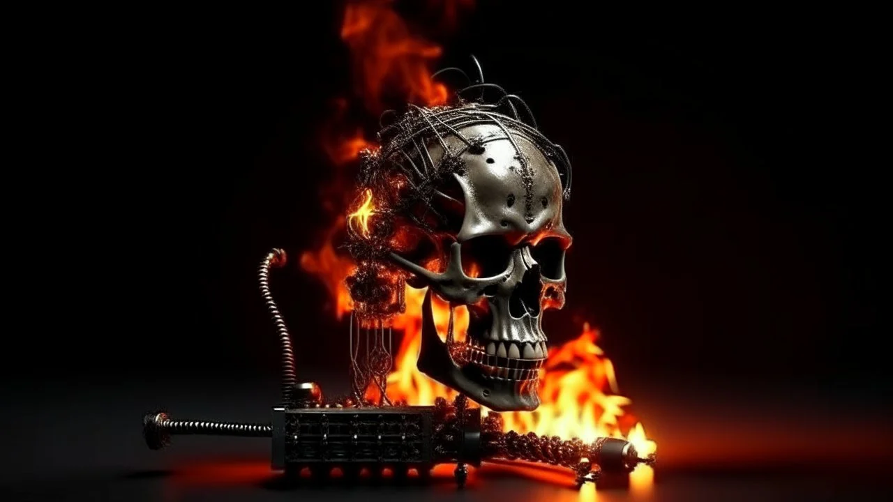 4K. REALISTIC FULL DETAILS. LOGO EMISSION DE RADIO HARDROCK FIRESTARTER TERMINATOR. FLAMMES EN FOND D IMAGE ET STUDIO DE RADIO QUI BRULE