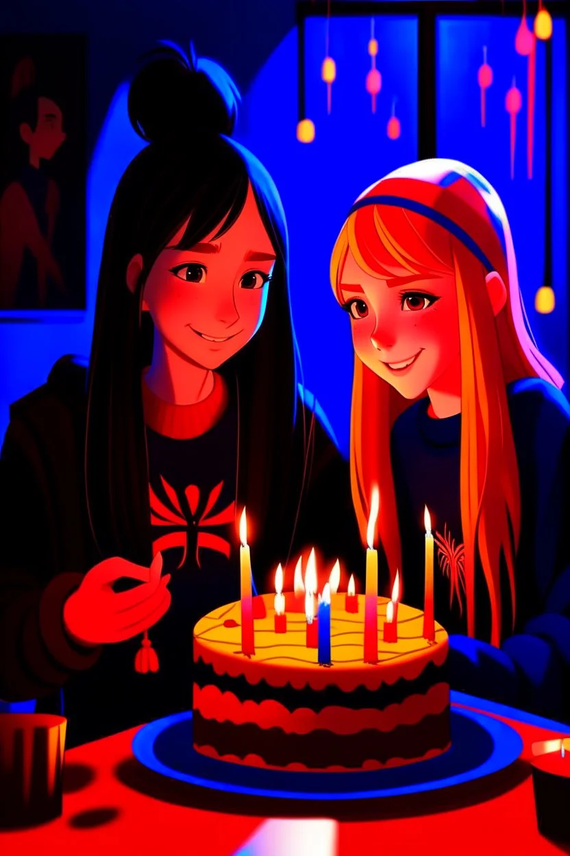 spiderman into the spider verse tarzı 17 yazan mum ile doğum günü kutlayan 2 kız birinin saçı kısa karakterlerin görüneceği kadar aydınlık soldaki kızın saçı daha kısa yüz ifadeleri değişsin