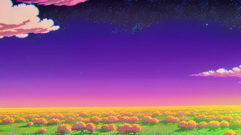 purple sky full of stars, sunflower field, anime, high res, makoto shinkai